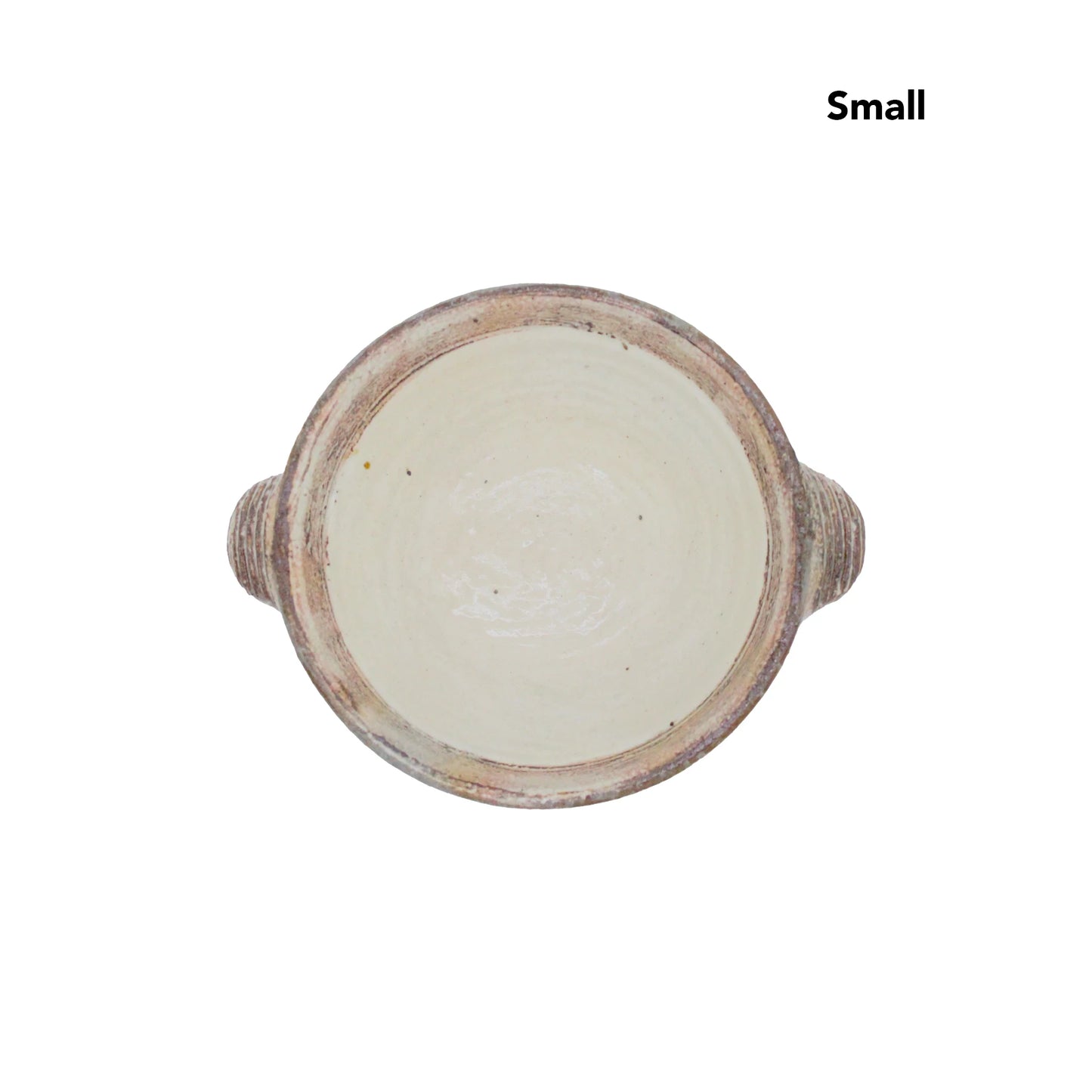 
                  
                    Top view of the Ear Bowls - Fuchiara Carved, a small round Japanese ceramic bowl with two side handles, beige interior, and rustic Kohiki finish. Small appears in black at the top right corner.
                  
                