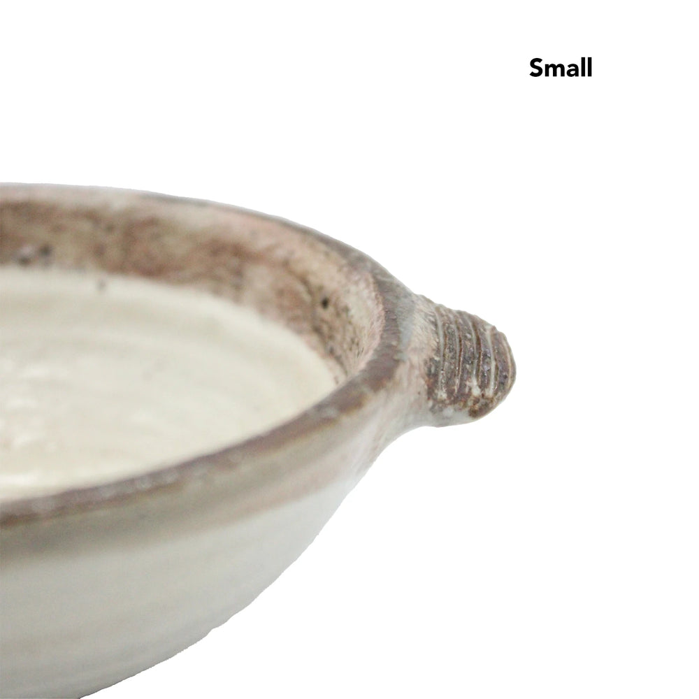 
                  
                    Partial view of a small, round Japanese ceramic Ear Bowl - Fuchiara Carved with handle, on a white background. Small is shown in the top right corner.
                  
                