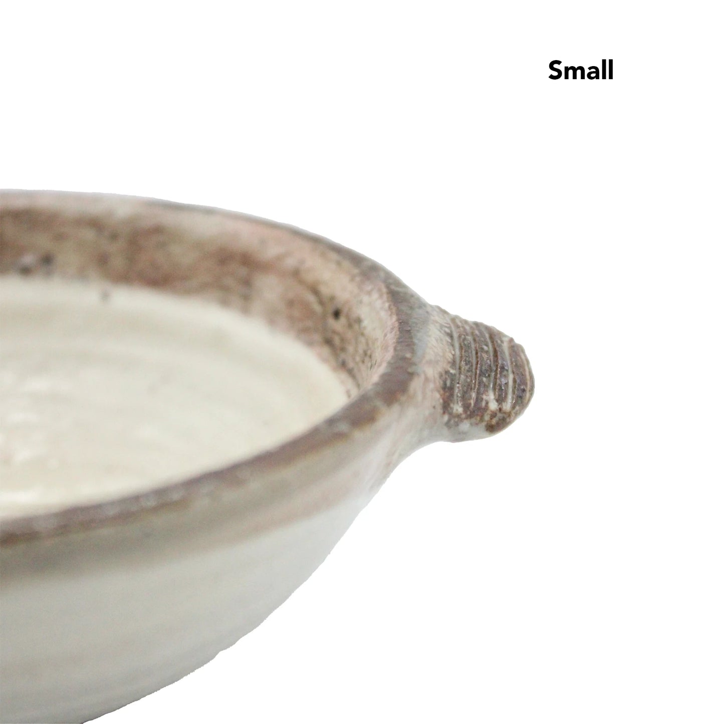 
                  
                    Partial view of a small, round Japanese ceramic Ear Bowl - Fuchiara Carved with handle, on a white background. Small is shown in the top right corner.
                  
                