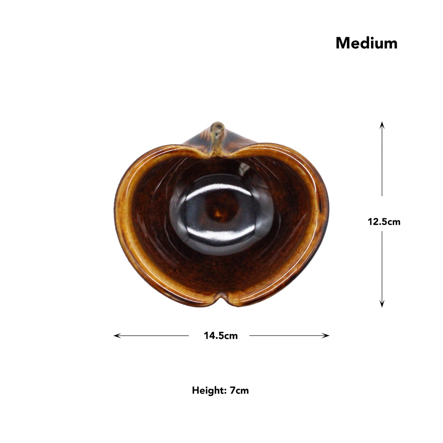 
                  
                    Top view of the Apple Bowls - Candy Glaze, a brown ceramic vessel with heart-shaped opening, inspired by Japanese pottery and labeled Medium. Dimensions: 14.5 cm wide, 12.5 cm high, 7 cm deep.
                  
                