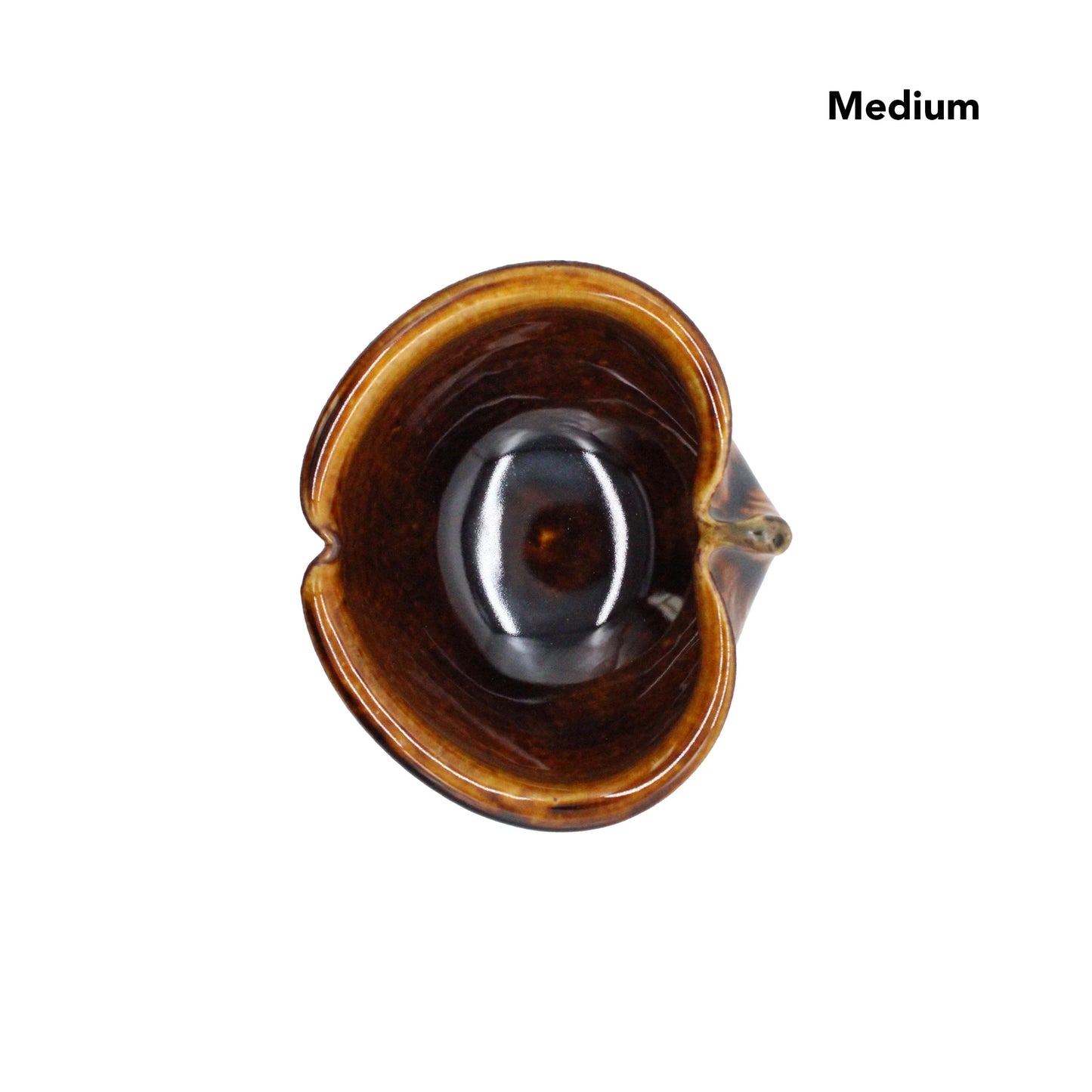 
                  
                    Top view of a medium-sized, heart-shaped brown ceramic mug in Japanese pottery style, featuring Apple Bowls - Candy Glaze and Medium text in the upper right corner on a white background.
                  
                