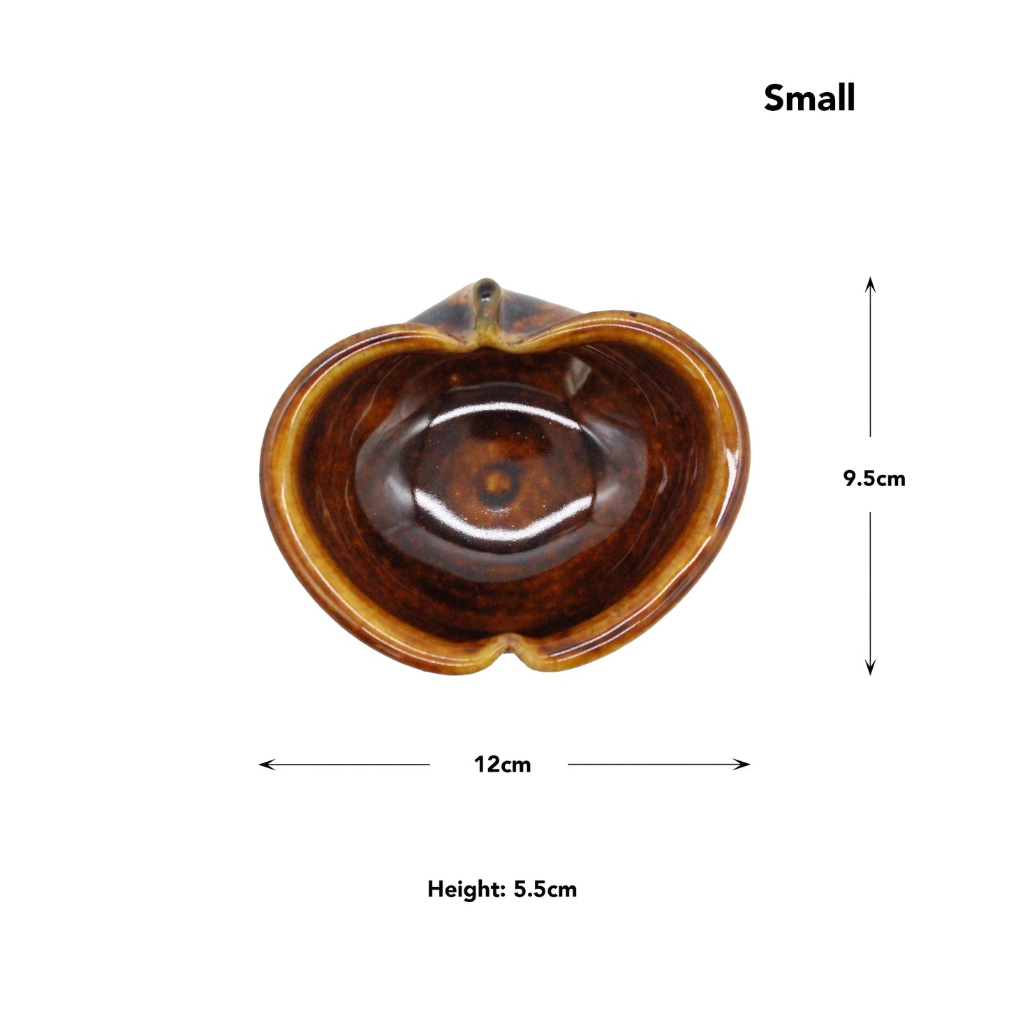 
                  
                    Top view of a small, brown Apple Bowls - Candy Glaze piece inspired by Japanese pottery; heart-shaped and measuring 12cm wide, 9.5cm tall, and 5.5cm high.
                  
                