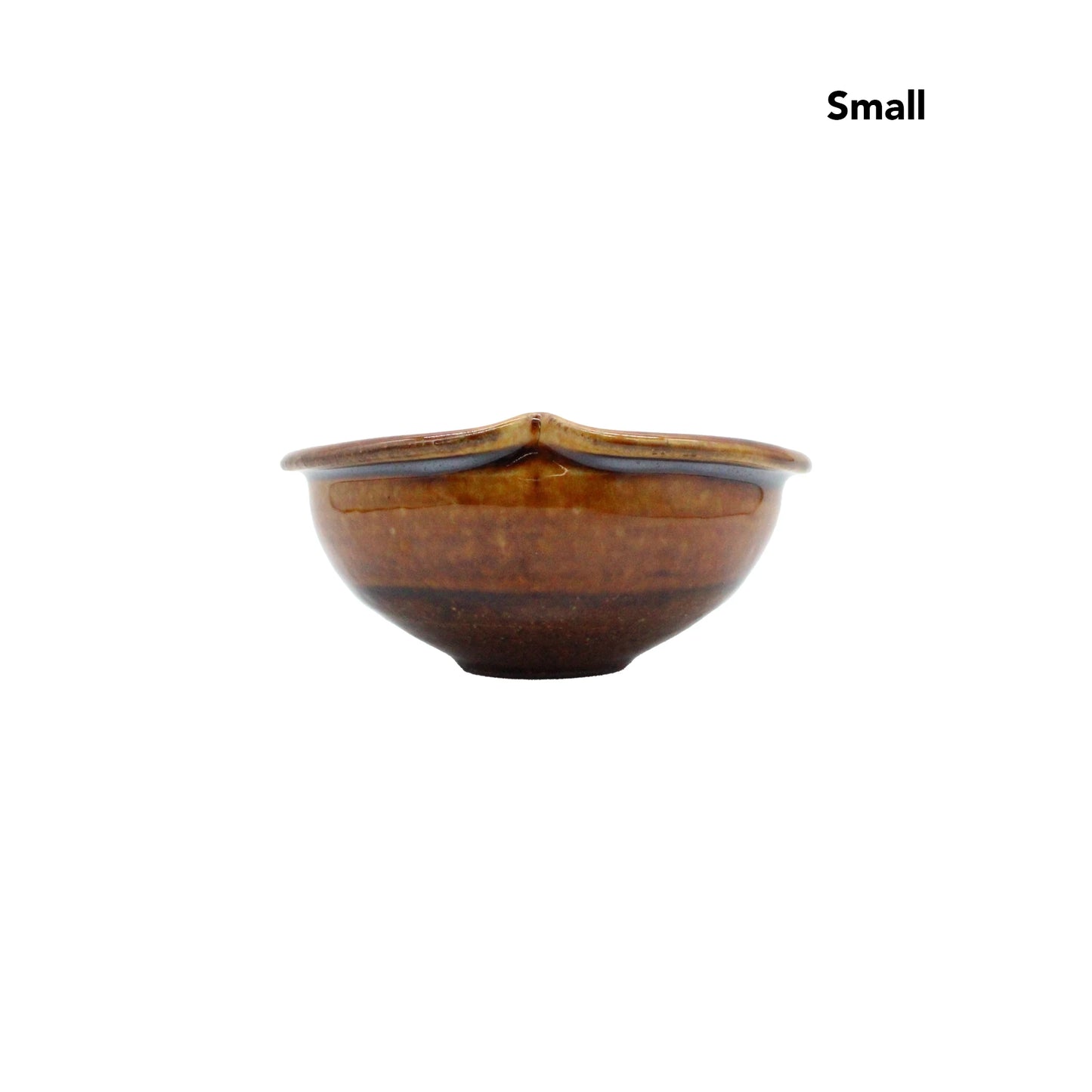 
                  
                    A small, round, brown ceramic bowl from the Apple Bowls - Candy Glaze collection is displayed against a plain white background, with Small shown in the top right corner.
                  
                