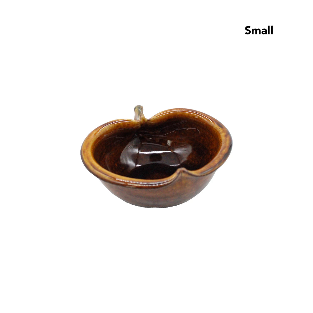
                  
                    Small brown ceramic Apple Bowls - Candy Glaze, inspired by Japanese pottery and shaped like an apple with a short stem, are shown against a white background. The word “Small” appears in the top right corner.
                  
                