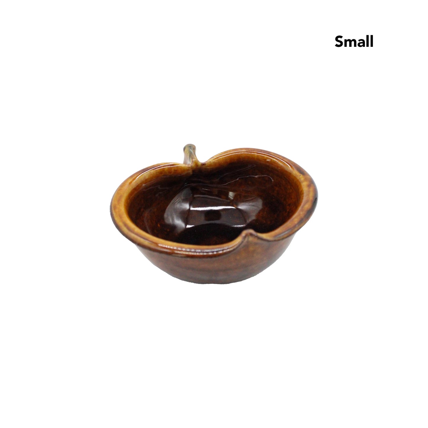 
                  
                    Small brown ceramic Apple Bowls - Candy Glaze, inspired by Japanese pottery and shaped like an apple with a short stem, are shown against a white background. The word “Small” appears in the top right corner.
                  
                