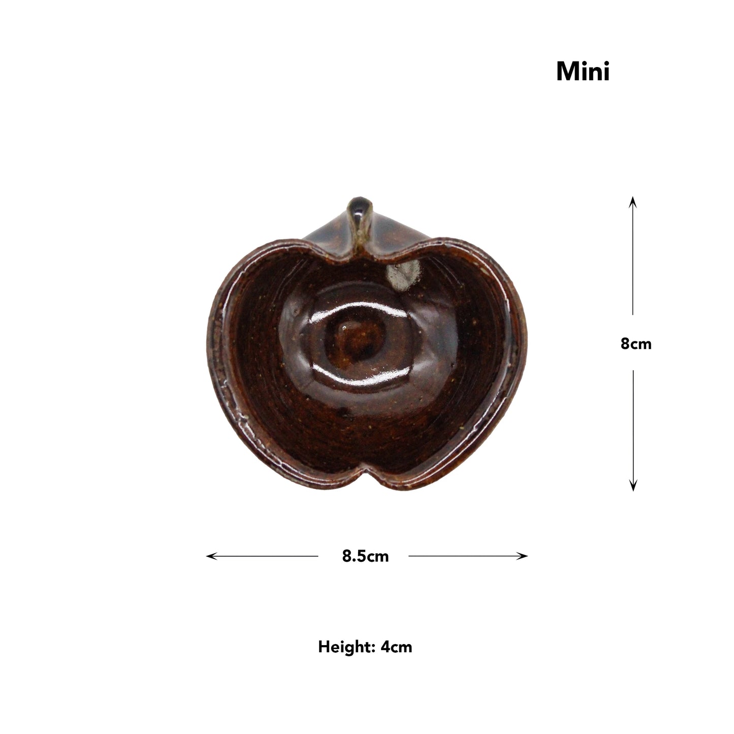 
                  
                    Apple Bowls - Candy Glaze: Heart-shaped mini brown ceramic bowl inspired by Japanese pottery, shown from above with labeled dimensions—8.5 cm wide, 8 cm tall, and 4 cm high.
                  
                