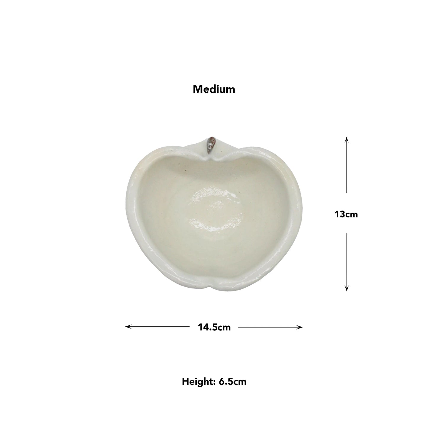 
                  
                    Apple Bowl - Iron Spot: A white, apple-shaped bowl in Japanese ceramic style (Medium), measuring 14.5 cm wide, 13 cm tall, and 6.5 cm high. Displayed on a plain white background—perfect for highlighting Shigaraki pottery craftsmanship.
                  
                
