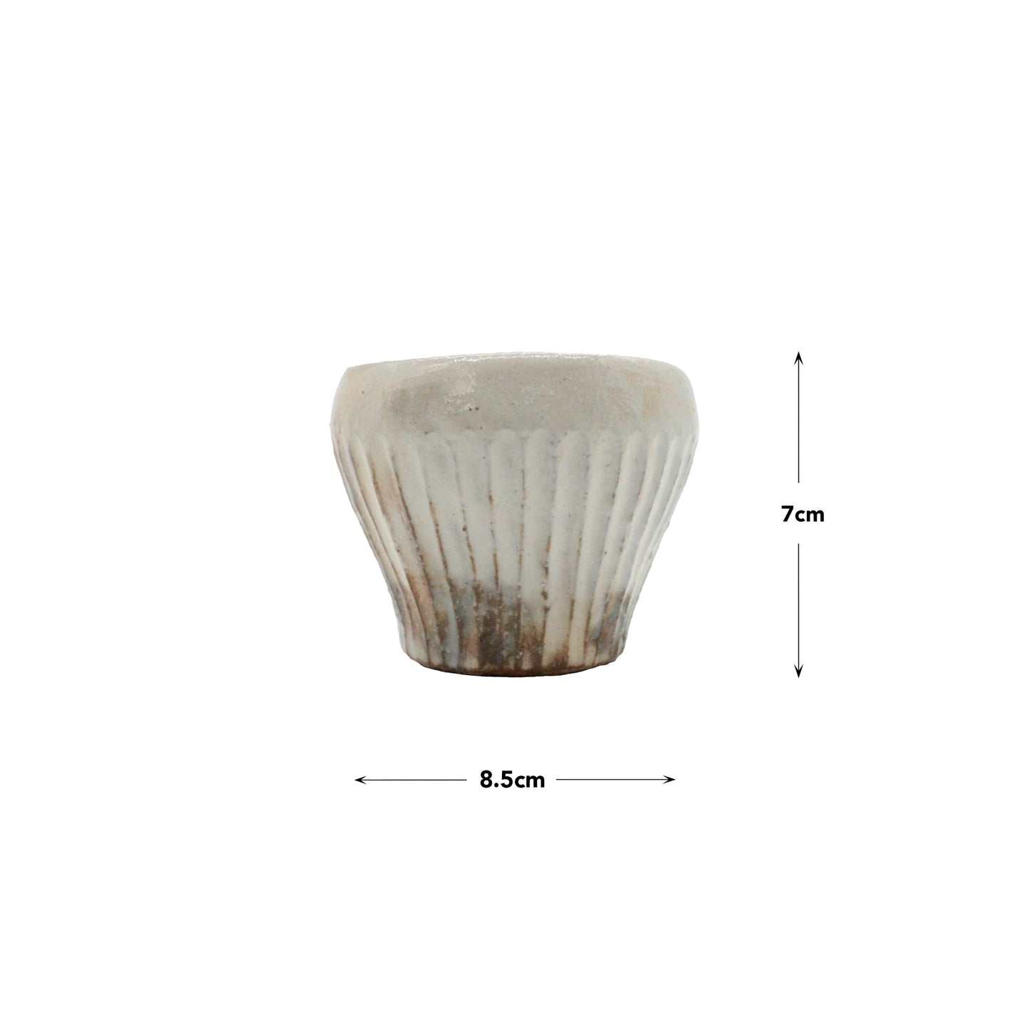 The Tea Mug - Iron Scatter features a ribbed ceramic design with a Kohiki finish, slightly flared rim, and measures 7 cm high by 8.5 cm wide, evoking the refined simplicity of Japanese pottery against a white background.