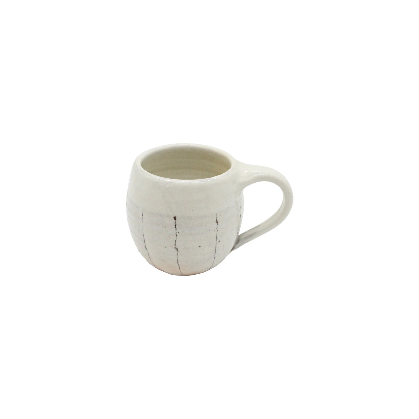 The Tea Mug with Handle - Iron Wire features a rounded white ceramic body with vertical lines and a handle, inspired by handmade Japanese pottery, shown on a plain white background.