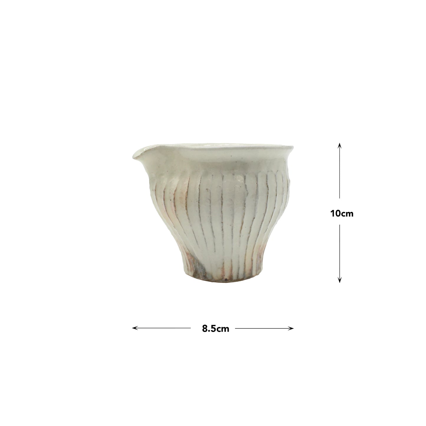 The Sake Jug - Iron Scatter Shinoji is a white ceramic pouring vessel with vertical ridges, inspired by Japanese pottery, measuring 10 cm tall and 8.5 cm wide, shown against a white background.