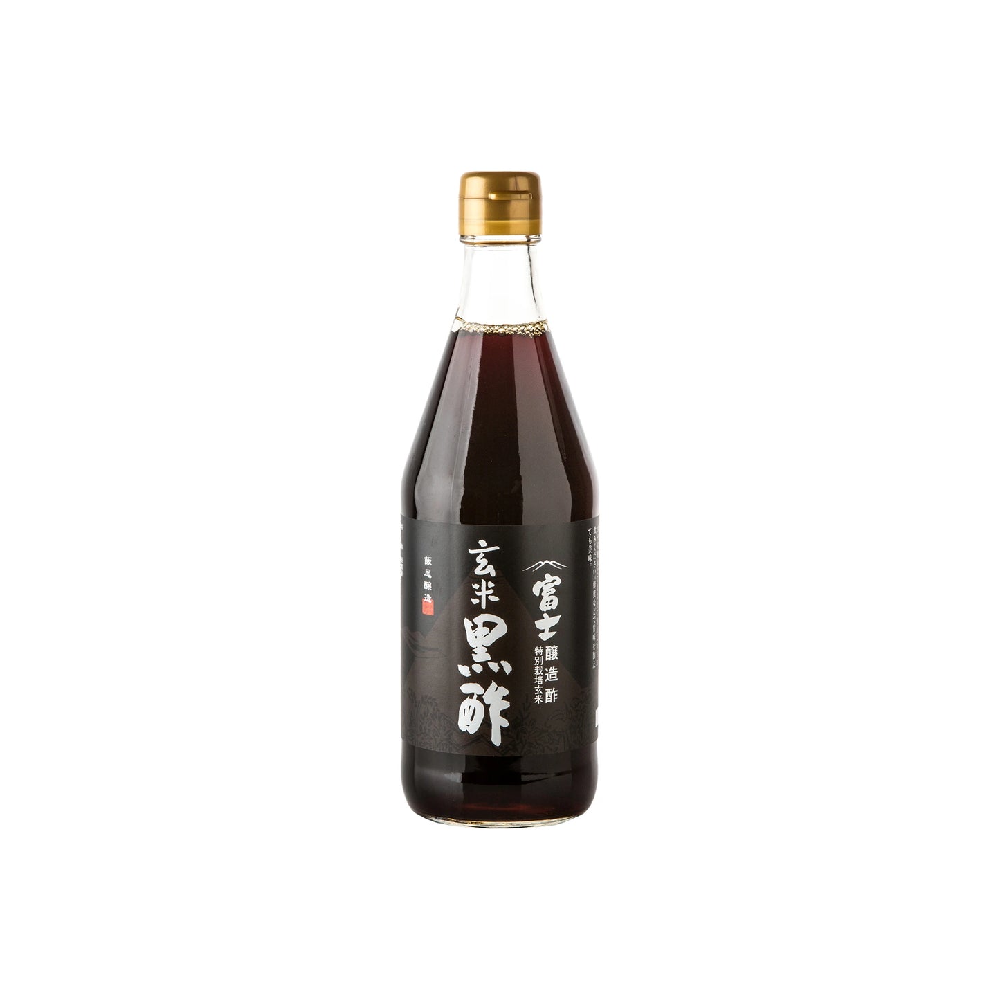 A glass bottle with a gold cap and Japanese label contains Genmai Fuji Black Rice Vinegar - 500ml, a dark brown vinegar crafted from genmai rice.