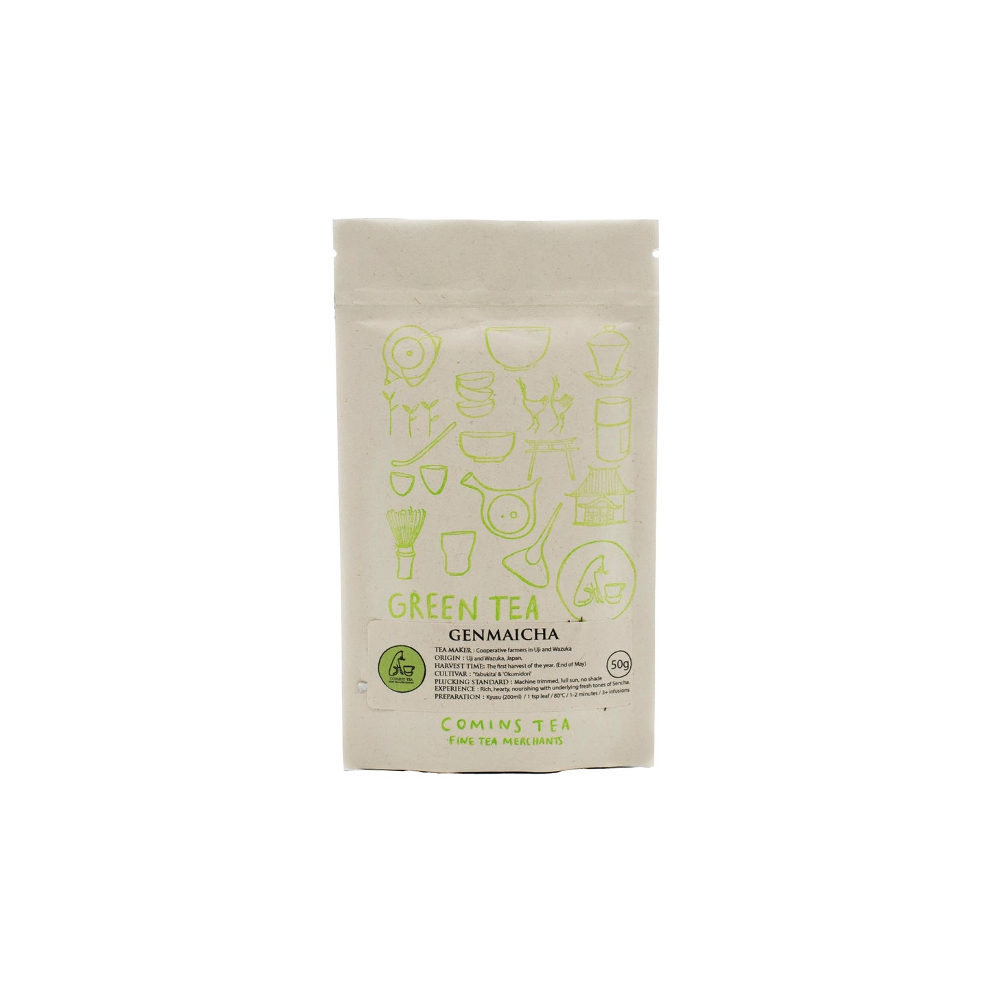 A white pack of Genmaicha Tea - 50g, with green illustrations and text, is centered on a plain white background. This nutty green tea combines sencha and roasted brown rice for a unique flavor.
