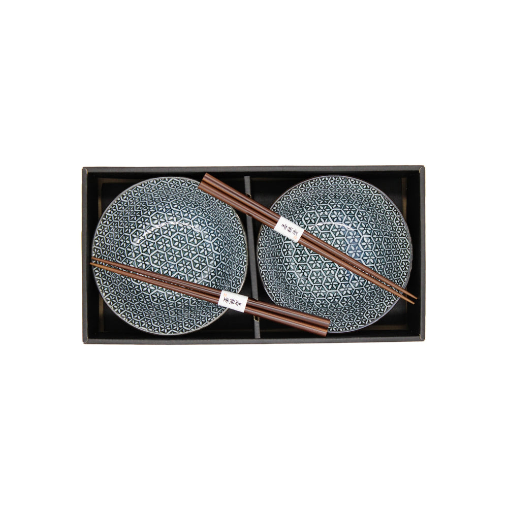 
                  
                    The Asanoha Flower Patterned Bowls Boxed Set - Deep Blue includes two Minoyaki porcelain bowls with an elegant Asanoha design and two sets of wooden chopsticks, beautifully arranged side by side in a box.
                  
                