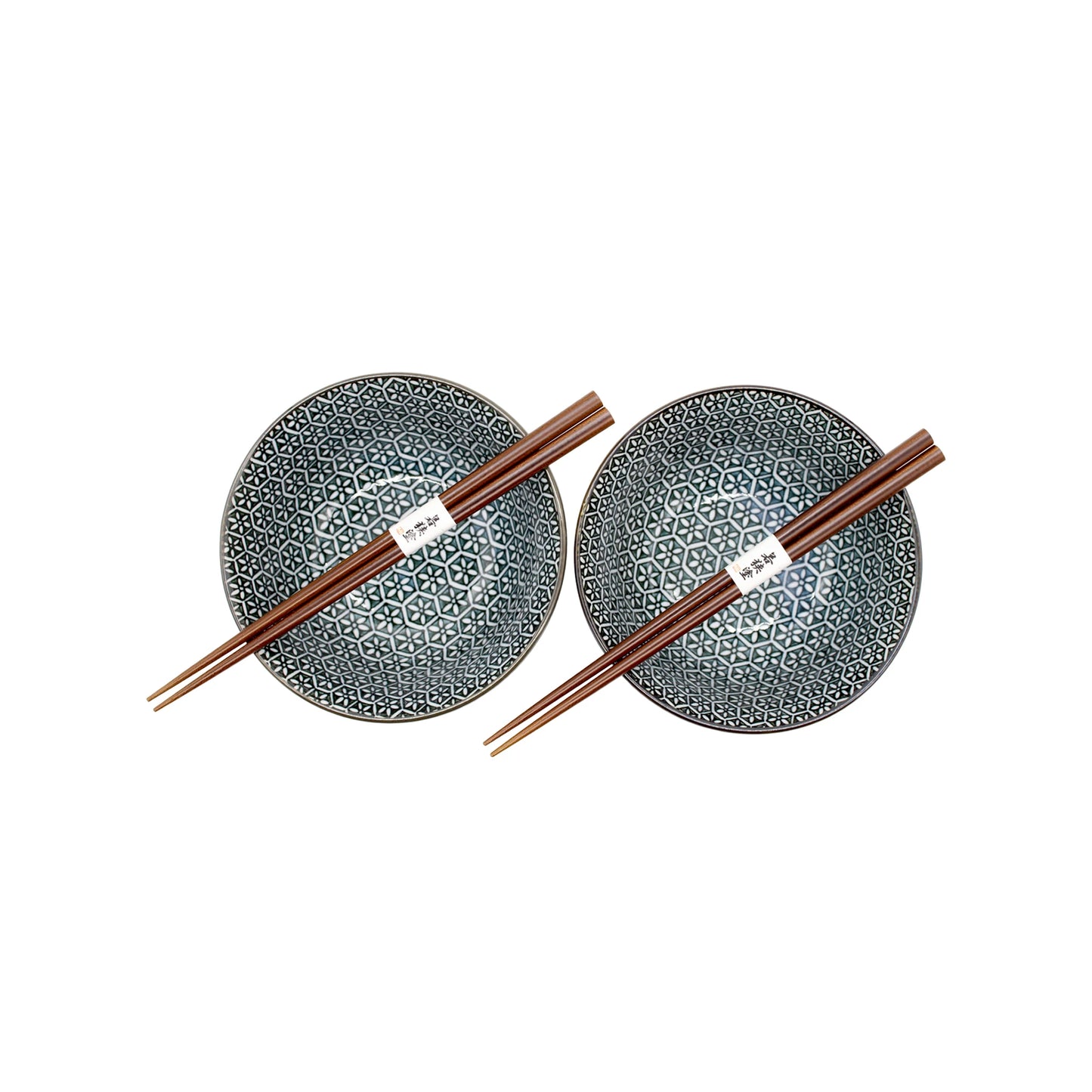 
                  
                    The Asanoha Flower Patterned Bowls Boxed Set - Deep Blue includes two Japanese bowls with an elegant design, each paired with matching wooden chopsticks, beautifully arranged against a white background.
                  
                