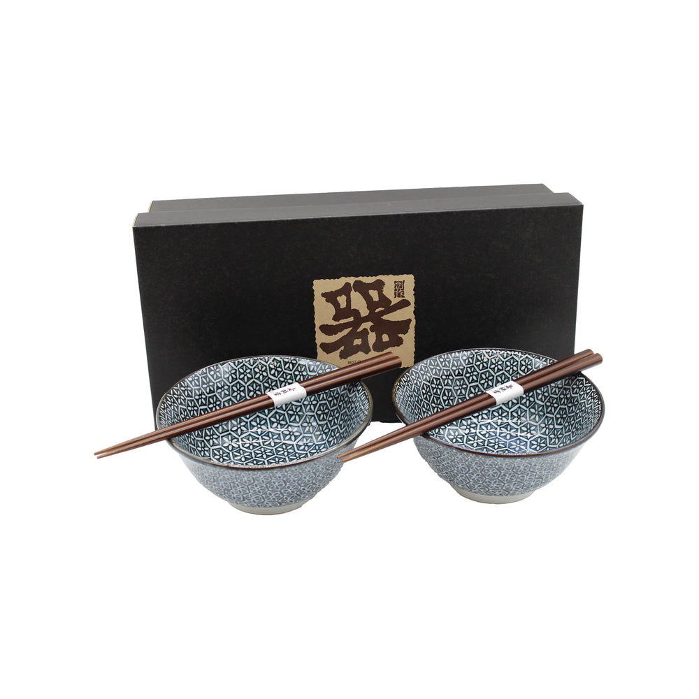 The Asanoha Flower Patterned Bowls Boxed Set - Deep Blue includes two Japanese bowls with an Asanoha design and matching wooden chopsticks, all elegantly presented in a black box with a decorative label.