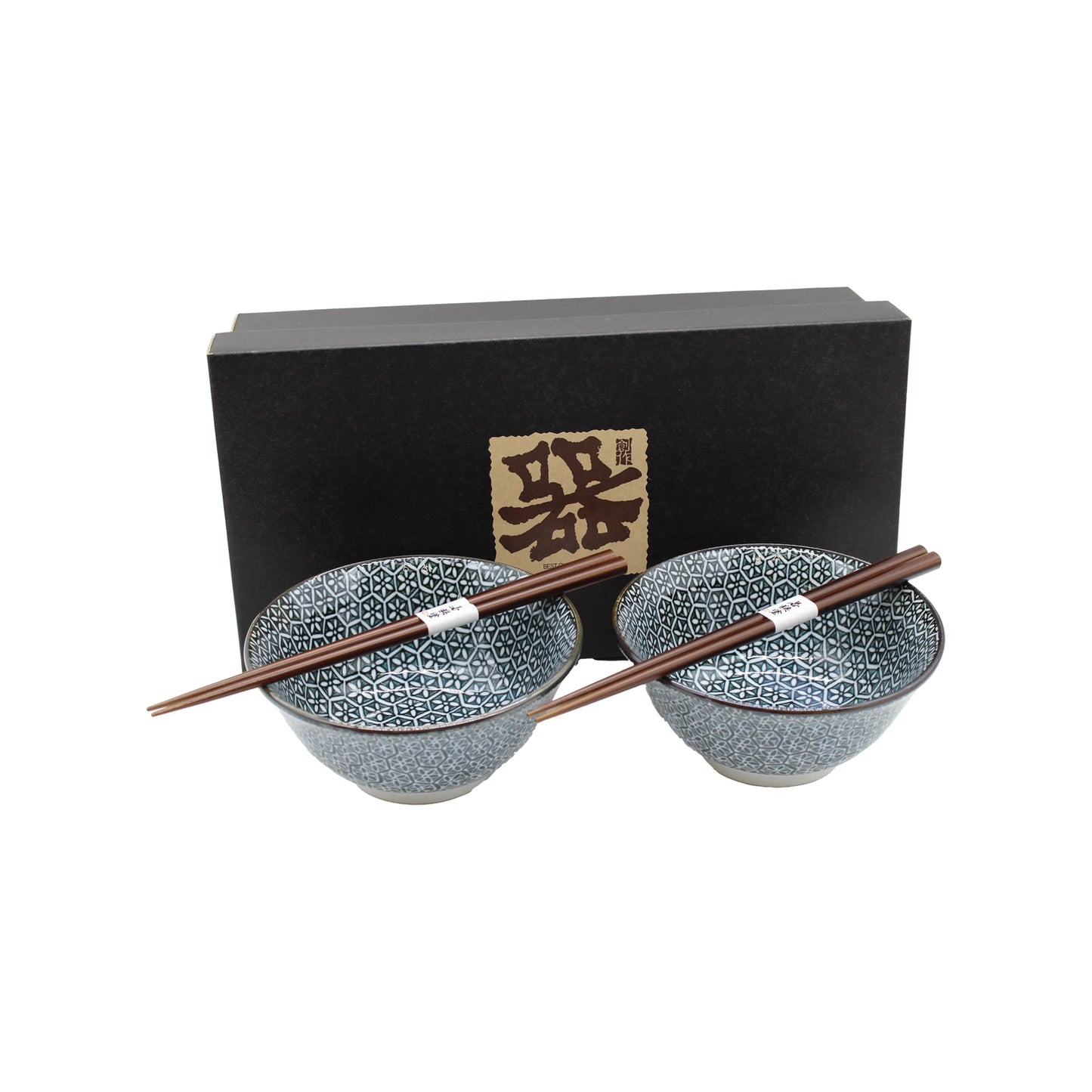 The Asanoha Flower Patterned Bowls Boxed Set - Deep Blue includes two Japanese bowls with an Asanoha design and matching wooden chopsticks, all elegantly presented in a black box with a decorative label.