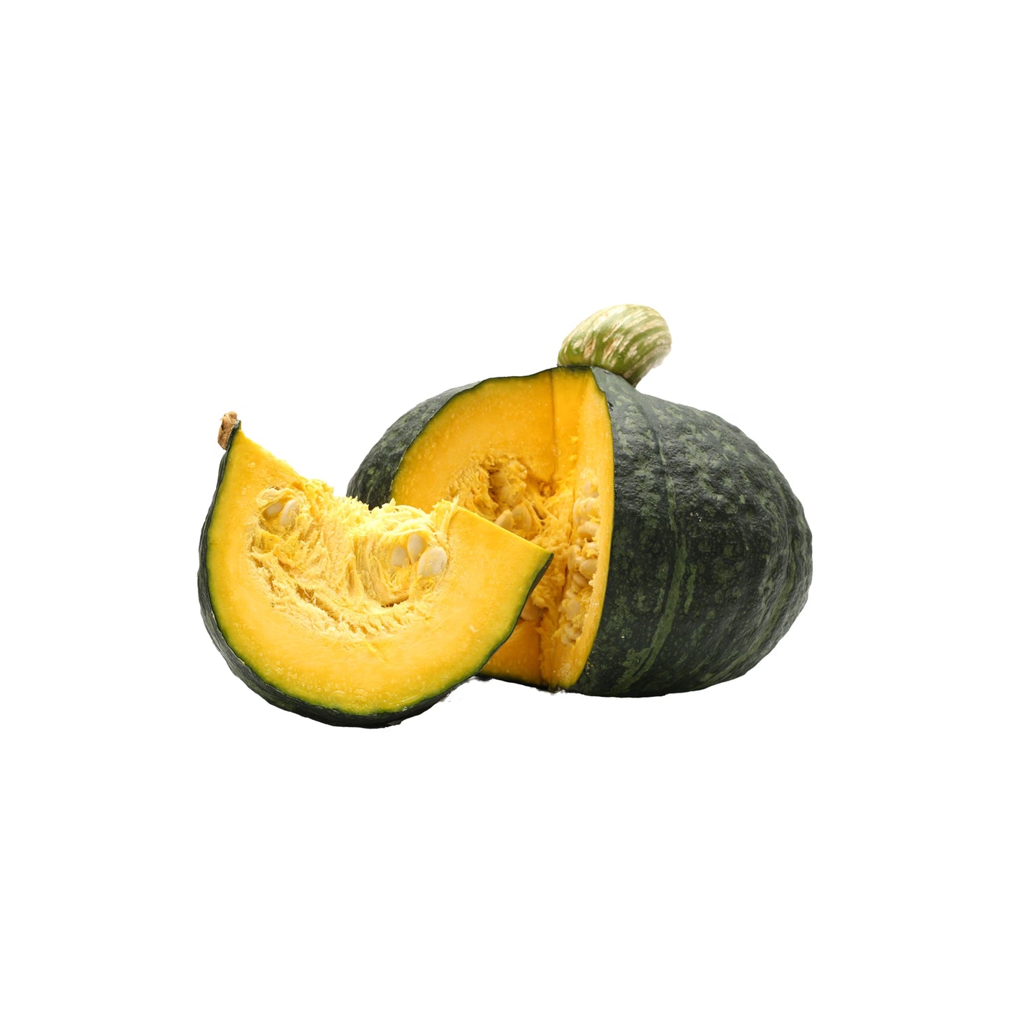 Green Kabocha Squash x 2, with a wedge cut to reveal yellow-orange flesh and seeds on a white background—popular for supporting immunity and healthy hair.