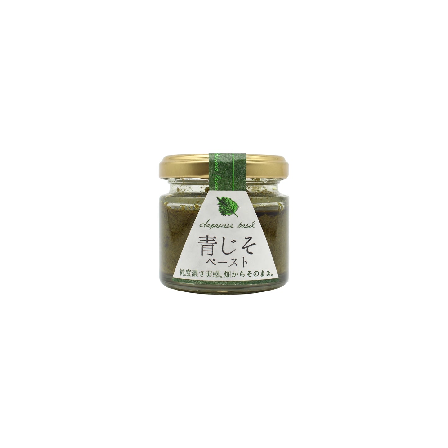 A 50g glass jar of Green Shiso Paste made from Japanese aojiso (green perilla), decorated with a green ribbon and a white label displaying both Japanese and English text. This fragrant spread, also called Japanese basil or green shiso, brings a fresh herbal flavor to your dishes.