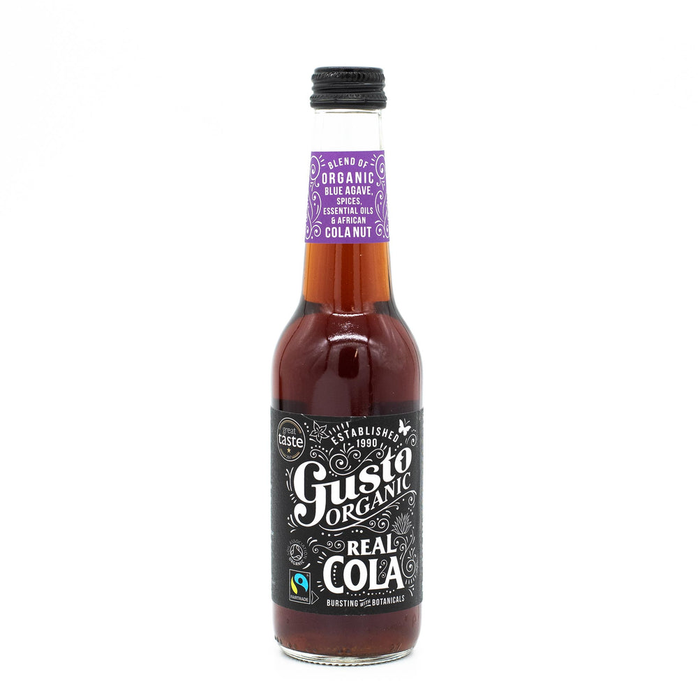A 275ml glass bottle of Gusto Organic Cola featuring Kola Nut and Fairtrade Blue Agave stands upright on a white background, with a black and white label and a purple cap.