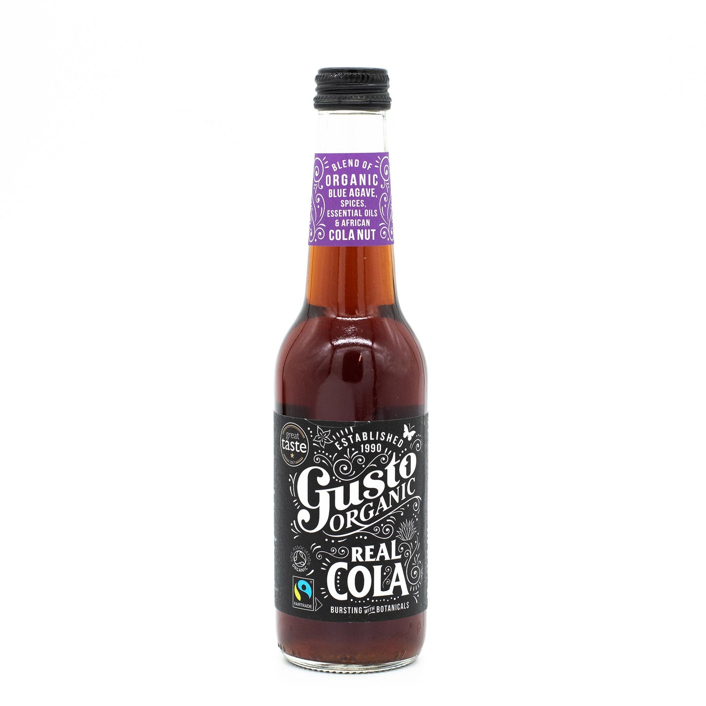 A 275ml glass bottle of Gusto Organic Cola featuring Kola Nut and Fairtrade Blue Agave stands upright on a white background, with a black and white label and a purple cap.