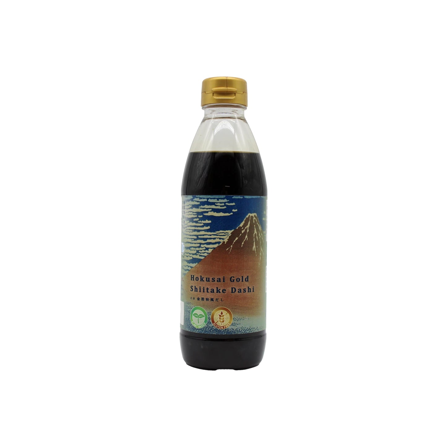 A bottle of Hokusai Gluten Free Tamari Dashi - 500ml has a gold cap and a label with a mountain and sky design, displayed on a white background.