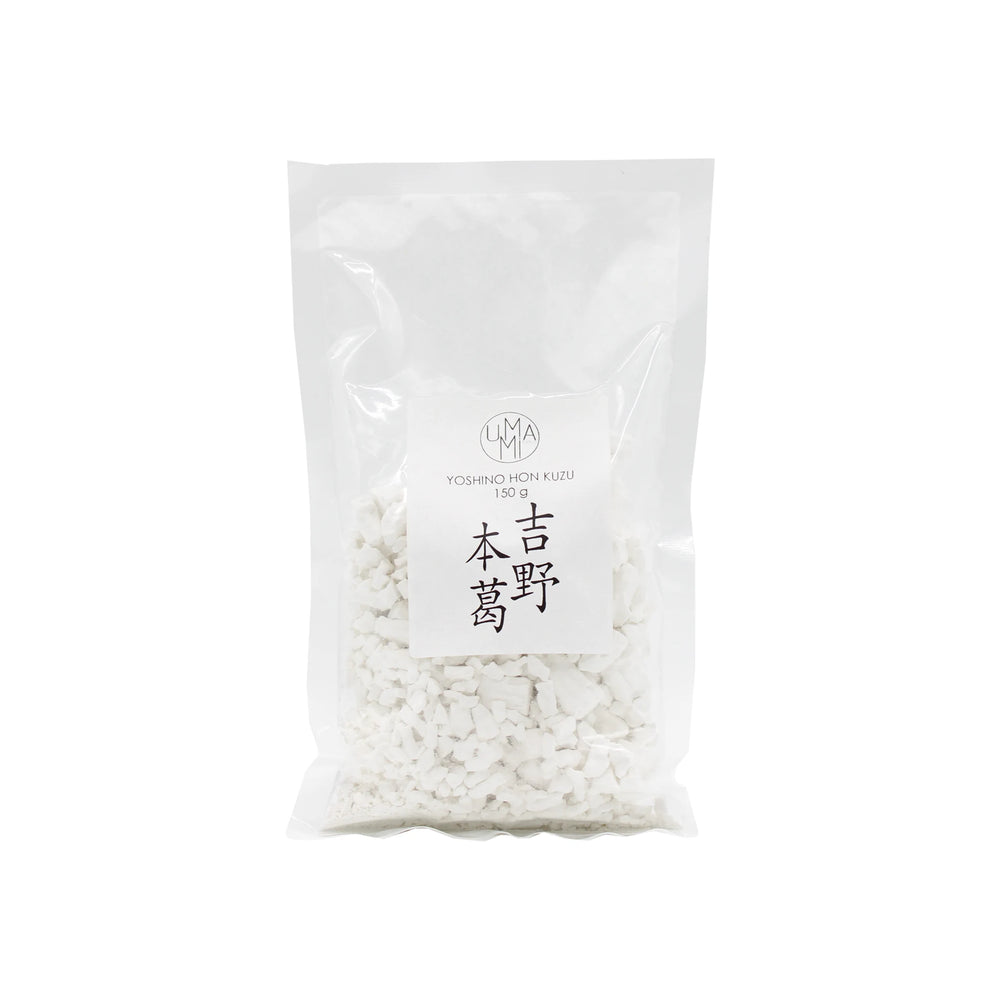 A clear plastic bag containing white chunks labeled Hon Kuzu Flour - 150g in English and Japanese—a premium gluten-free thickening agent for cooking.