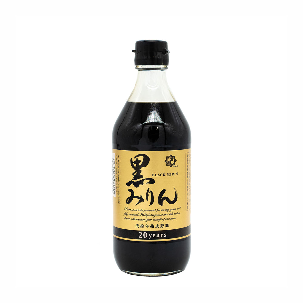 A bottle of 20 Year Aged Black Hon Mirin features a black cap and beige label with Japanese characters and 20 year aged mirin at the bottom—showcasing natural, pure craftsmanship in every drop.