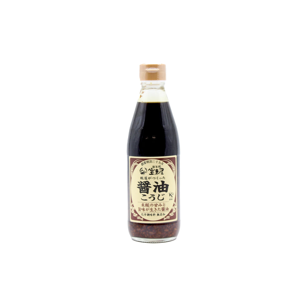A 340ml glass bottle of Horaiya Honten Koji Soy Sauce, crafted via koji fermentation, with a beige cap and a cream-colored label featuring Japanese text.