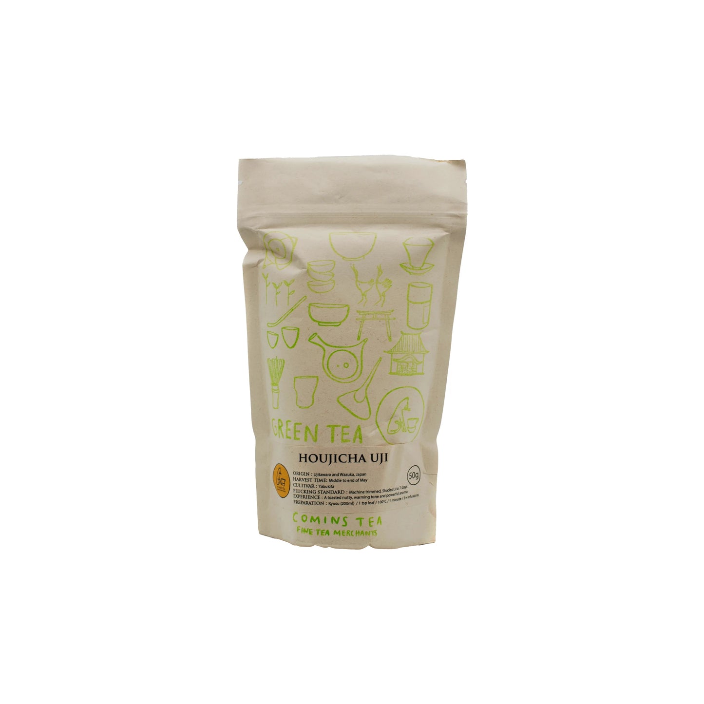 A beige resealable pouch labeled "Houjicha Tea - 50g" with green tea-themed illustrations contains pan-roasted tea, offering a nutty flavor and lower caffeine for a smooth, mellow experience.