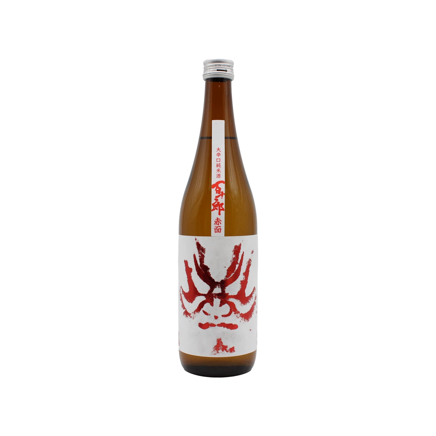A brown glass bottle of Hyakujuro "Red Face" Junmai (Karakuchi) Sake with a white label adorned with a red abstract design and Japanese text, displayed against a plain white background.
