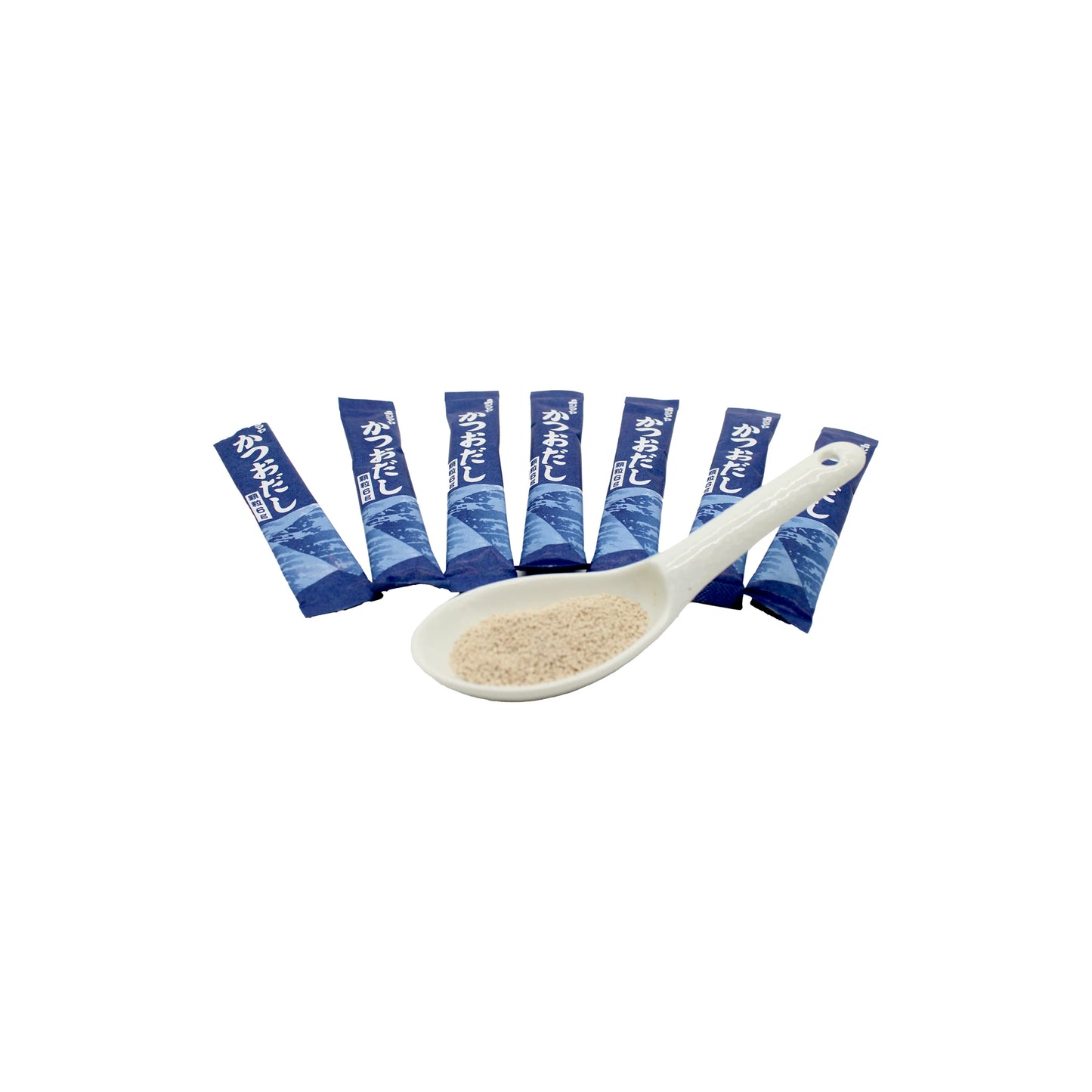 
                  
                    Six blue sachets of Shinmaya Bonito Fish Dashi Powder with Japanese text are arranged behind a white spoon filled with light beige powder, all set against a plain white background—ideal for enhancing your favorite Japanese dishes.
                  
                