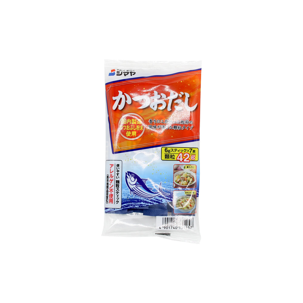 Shinmaya Bonito Fish Dashi Powder is an instant soup stock for Japanese dishes, featuring red, orange, and white packaging with Japanese text and a prepared soup image. Made with authentic bonito dashi powder.