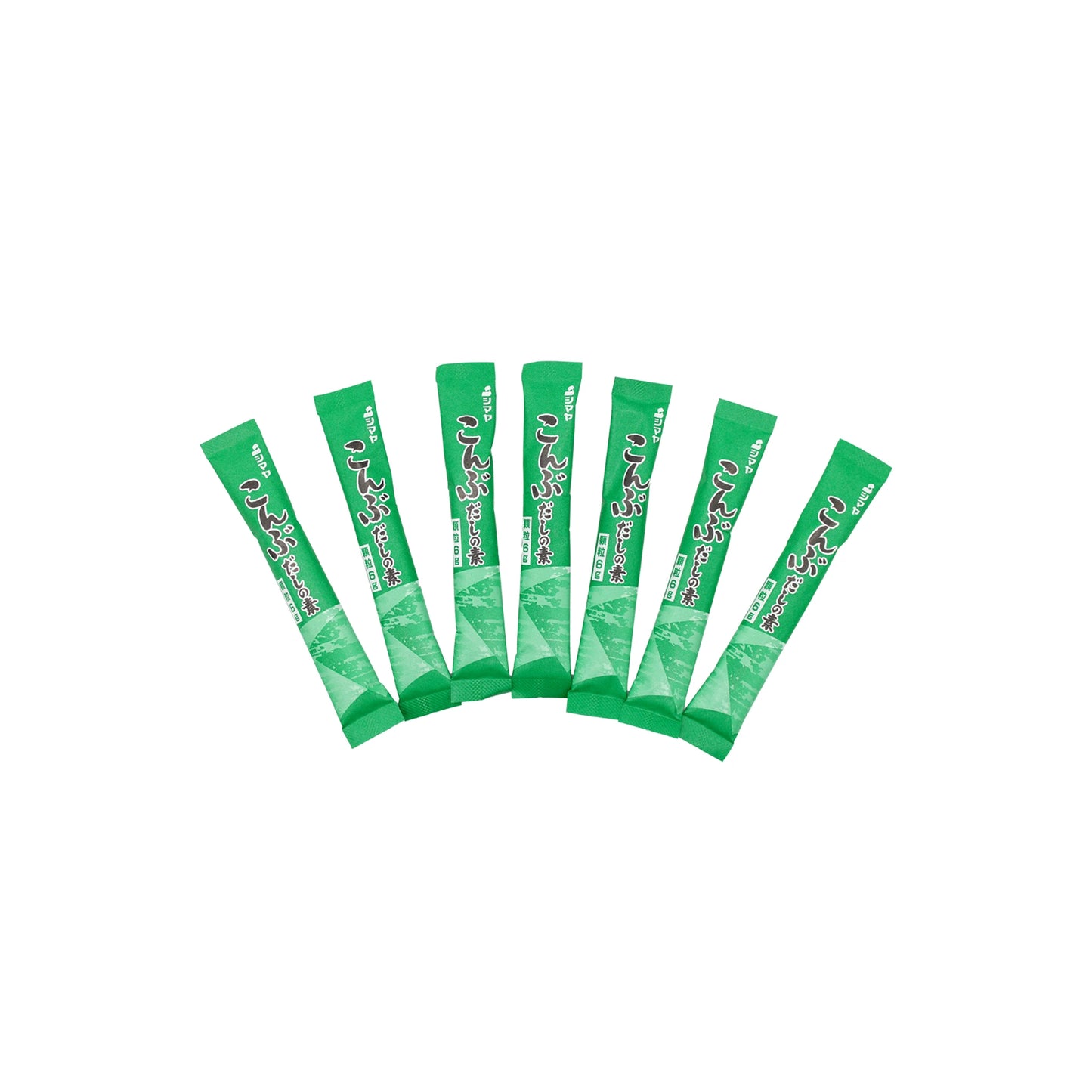 
                  
                    Seven green packets of Shinmaya Kombu Dashi Powder are arranged in a fan shape on a white background, each featuring white and red text and graphics that highlight their rich umami flavor.
                  
                