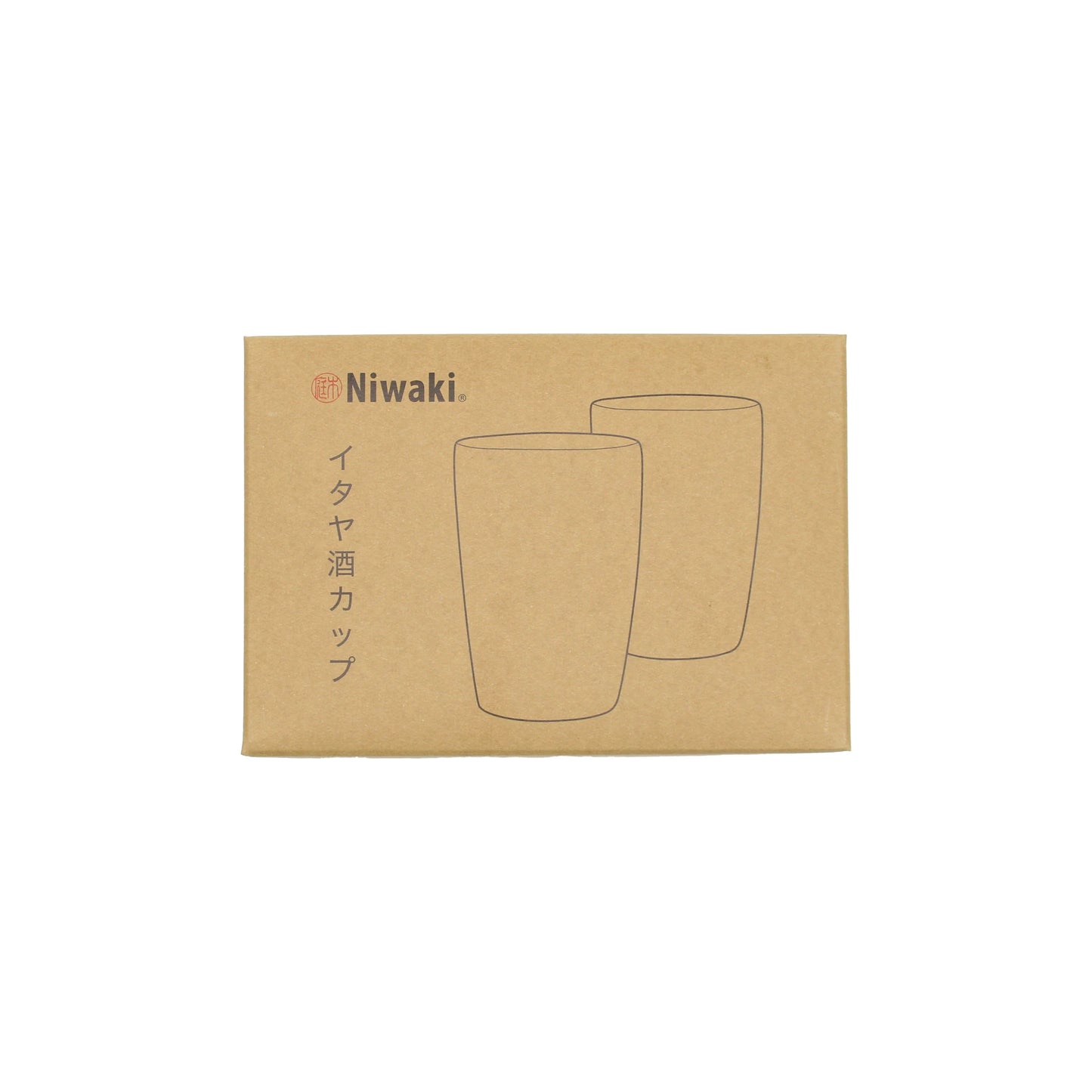 
                  
                    A brown Niwaki-branded box with simple cup illustrations and Japanese text on the side—perfect for gifting the Itaya Sake Cups - Japanese Maple set.
                  
                