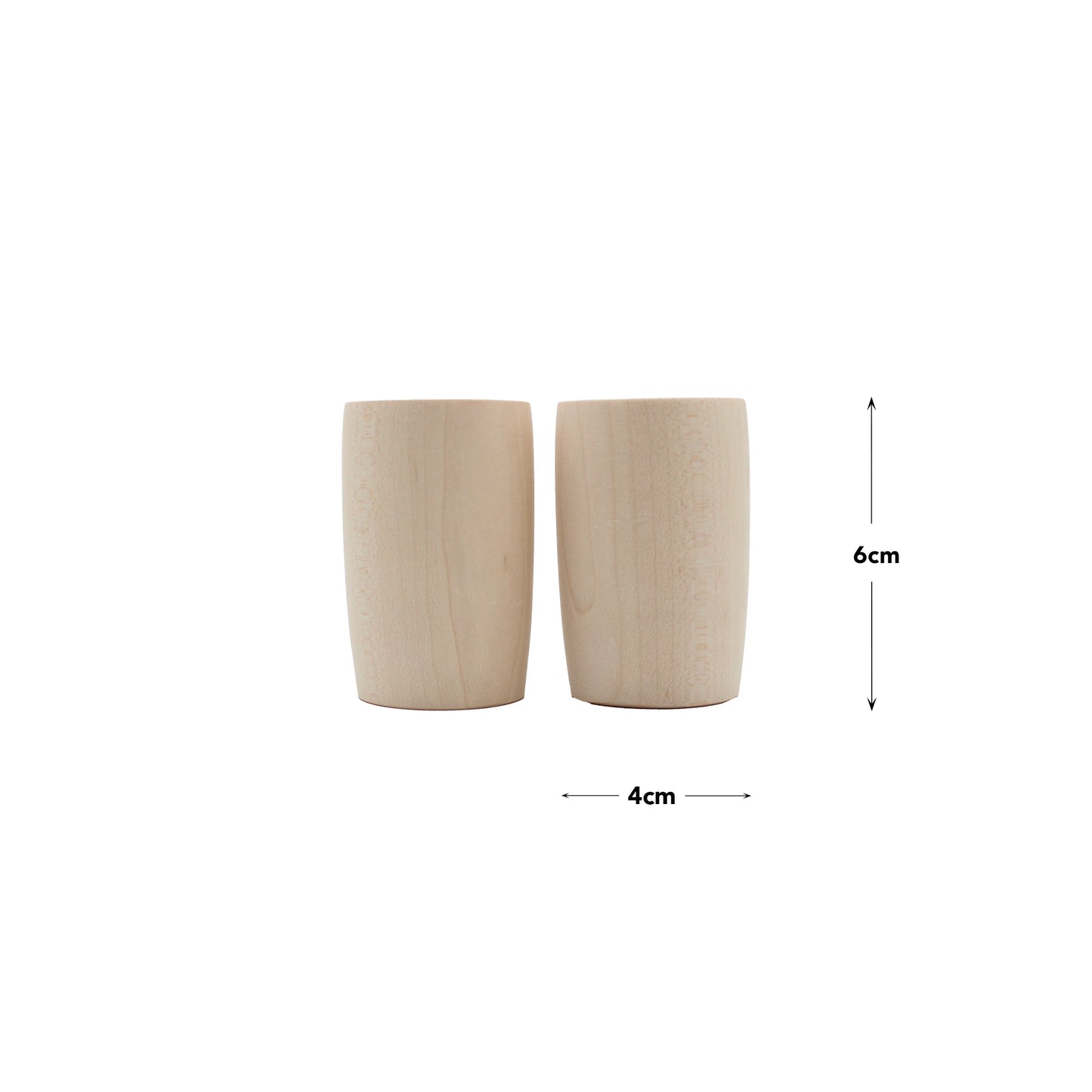 
                  
                    Two cylindrical ltaya Sake Cups - Japanese Maple stand upright side by side, each 6 cm tall and 4 cm in diameter—perfectly crafted for enjoying traditional drinks.
                  
                