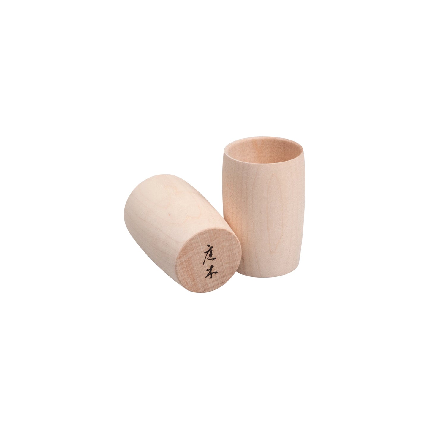 
                  
                    Two cylindrical ltaya Sake Cups - Japanese Maple—one upright, one on its side—feature Japanese characters on their bases against a white background, highlighting the set's refined elegance.
                  
                