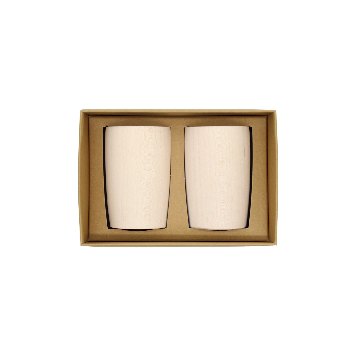
                  
                    Two light wooden ltaya Sake Cups - Japanese Maple are placed side by side in a brown cardboard box on a white background, perfect as a gift set.
                  
                
