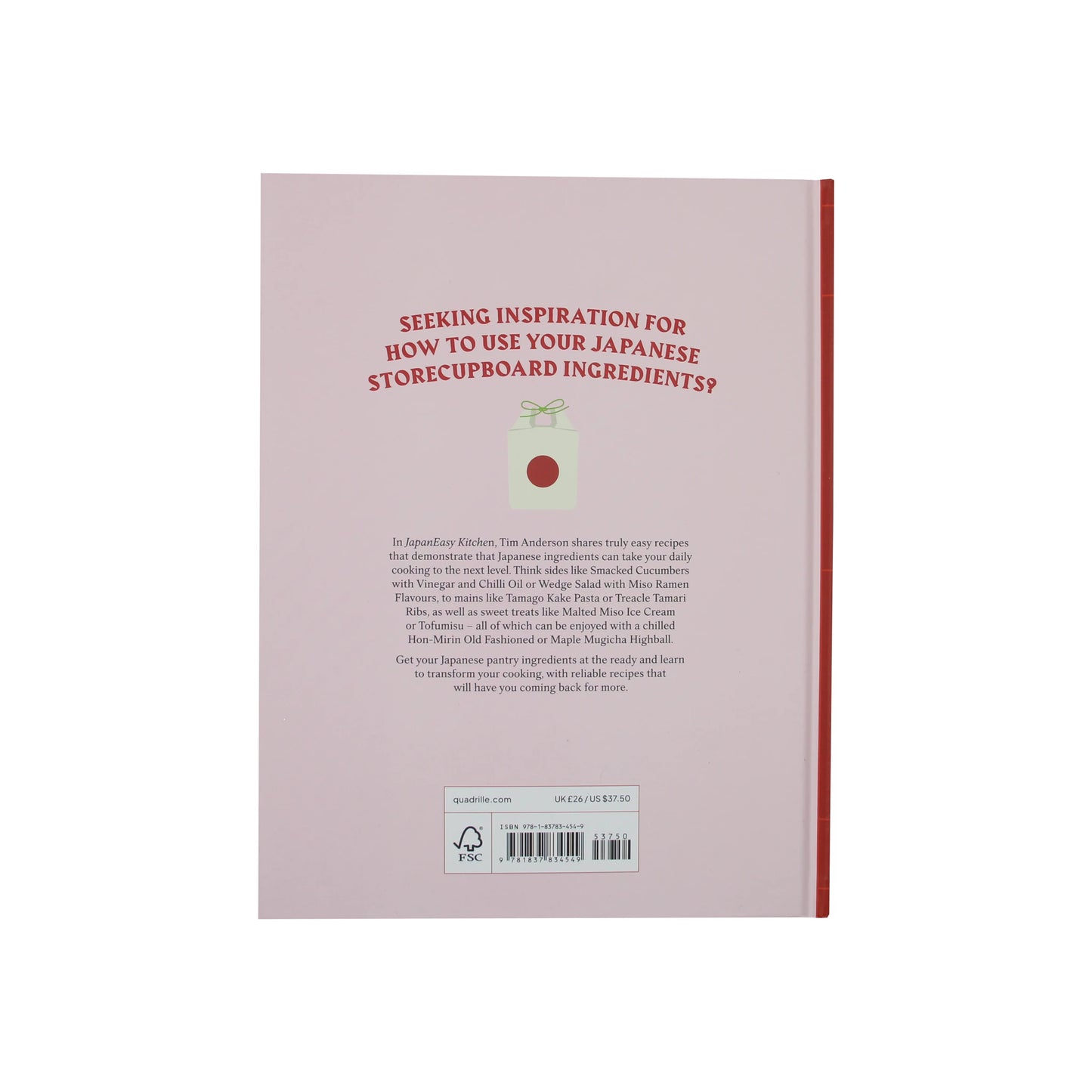 
                  
                    Back cover of Japaneasy Kitchen by Tim Anderson, featuring a red heading, a small graphic of a container with a green lid, a paragraph about Japanese pantry ingredients, and a barcode.
                  
                