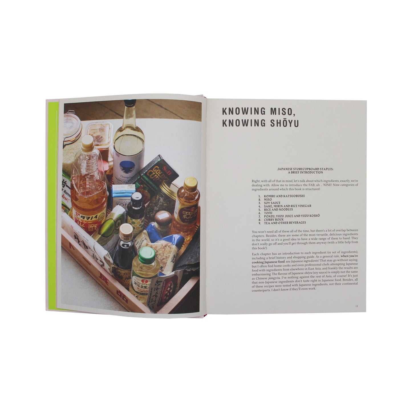 
                  
                    Open cookbook Japaneasy Kitchen showing a wooden crate filled with Japanese pantry ingredients on the left page and an introduction titled Knowing Miso, Knowing Shoyu on the right.
                  
                