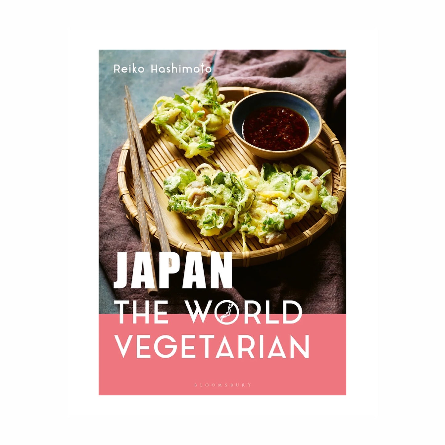 The cookbook Japan - The World Vegetarian by Reiko Hashimoto features a cover with assorted tempura vegetables on a bamboo tray and dipping sauce, highlighting tasty recipes and Japanese vegetarian cuisine.