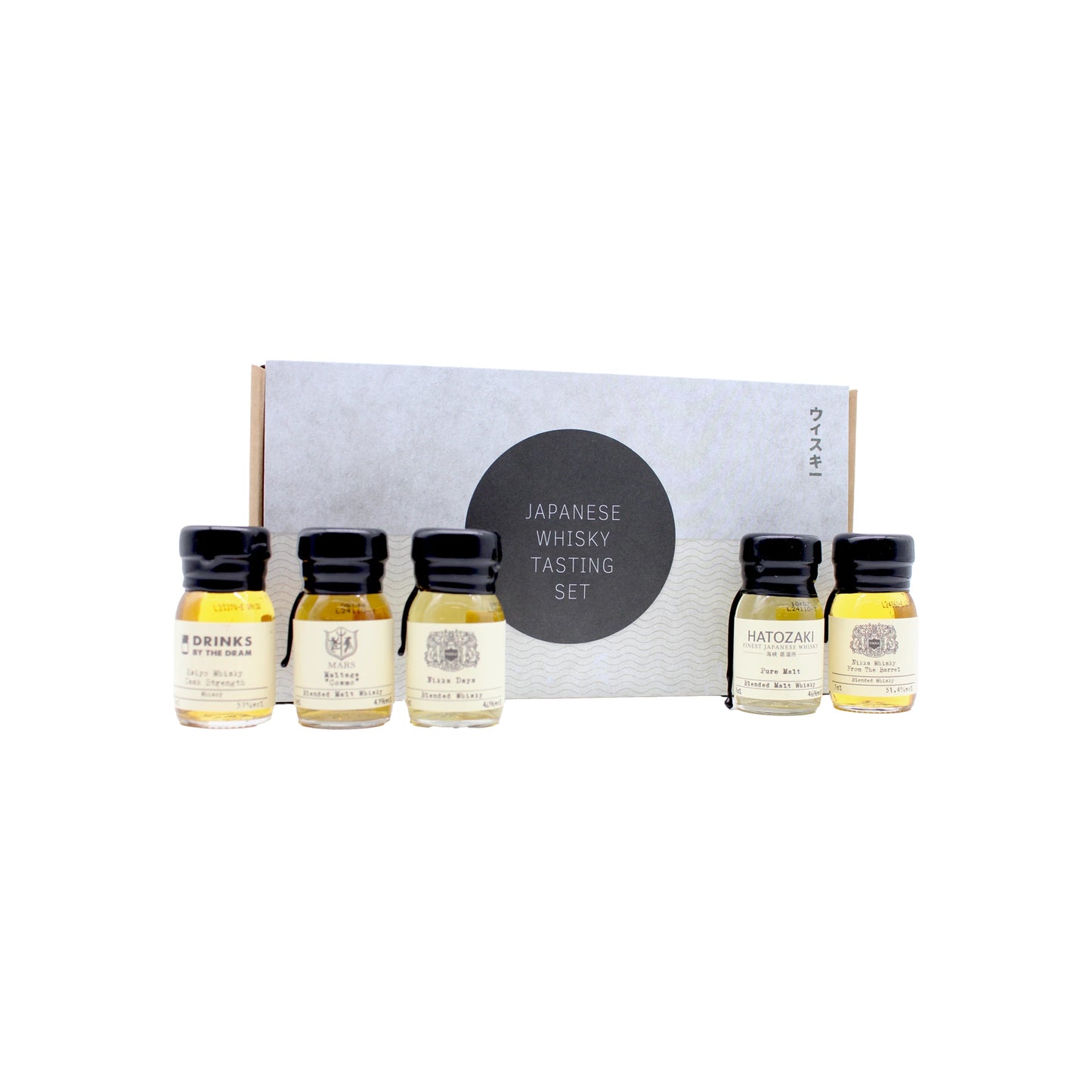 
                  
                    The Japanese Whisky Tasting Set features five labeled whisky miniatures in a stylish gray box, each showcasing different Japanese whisky styles, all displayed against a white background.
                  
                