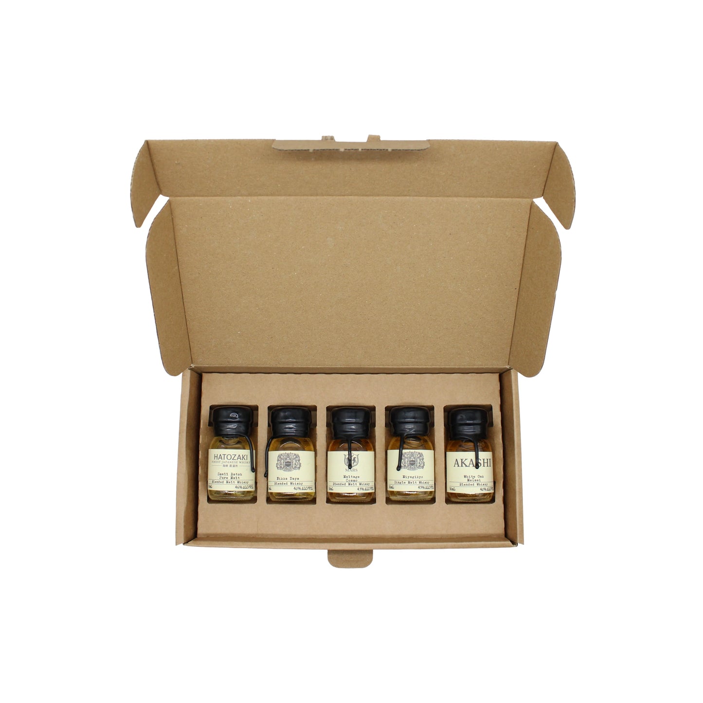 
                  
                    The Japanese Whisky Tasting Set includes five small bottles with beige labels, neatly packed in a single-row cardboard box—ideal for sampling fine Japanese whisky.
                  
                
