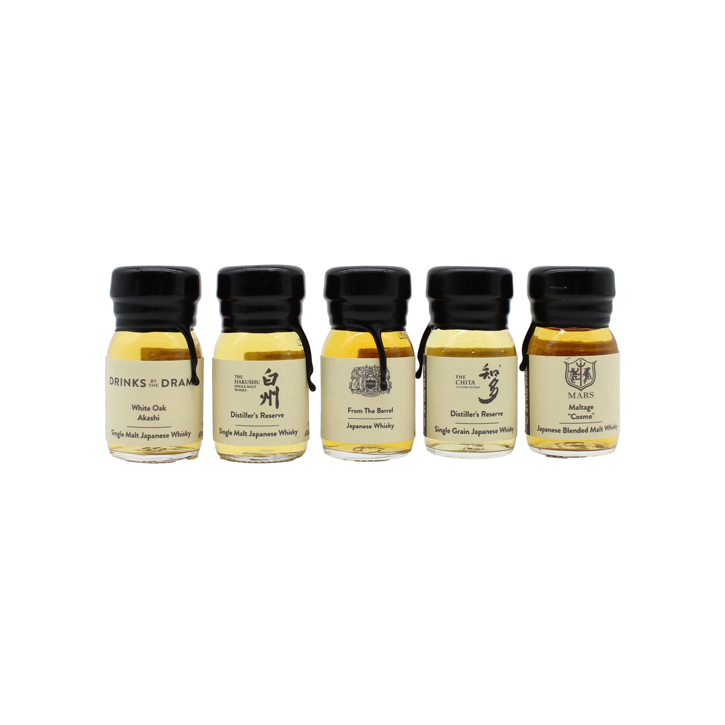 The Japanese Whisky Discovery Tasting Set includes five small bottles, each with a unique label and amber whisky inside—perfect for an authentic Japanese whisky tasting experience.