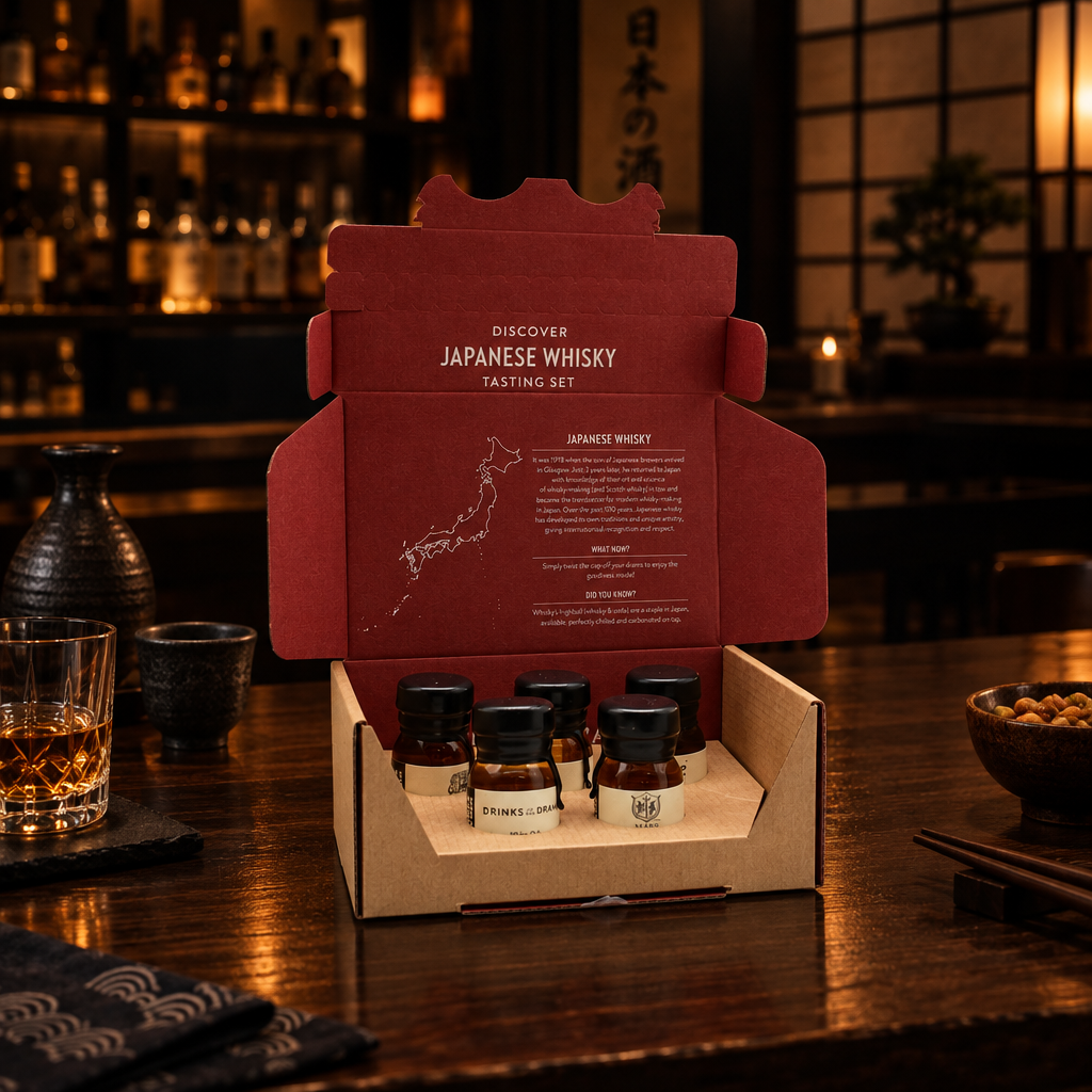 
                  
                    An open box labeled The Japanese Whisky Discovery Tasting Set rests on a wooden bar, showcasing four small bottles of premium Japanese whisky. A glass of single malt and assorted bar snacks nearby invite you to enjoy an authentic whisky tasting experience.
                  
                