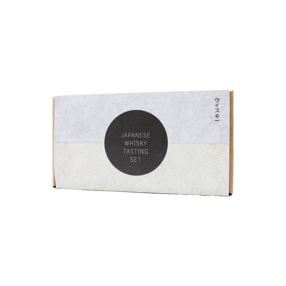 
                  
                    Rectangular Japanese Whisky Tasting Set box features a minimalistic white and black design with Japanese text on the right, offering curated whisky styles for an authentic tasting experience.
                  
                