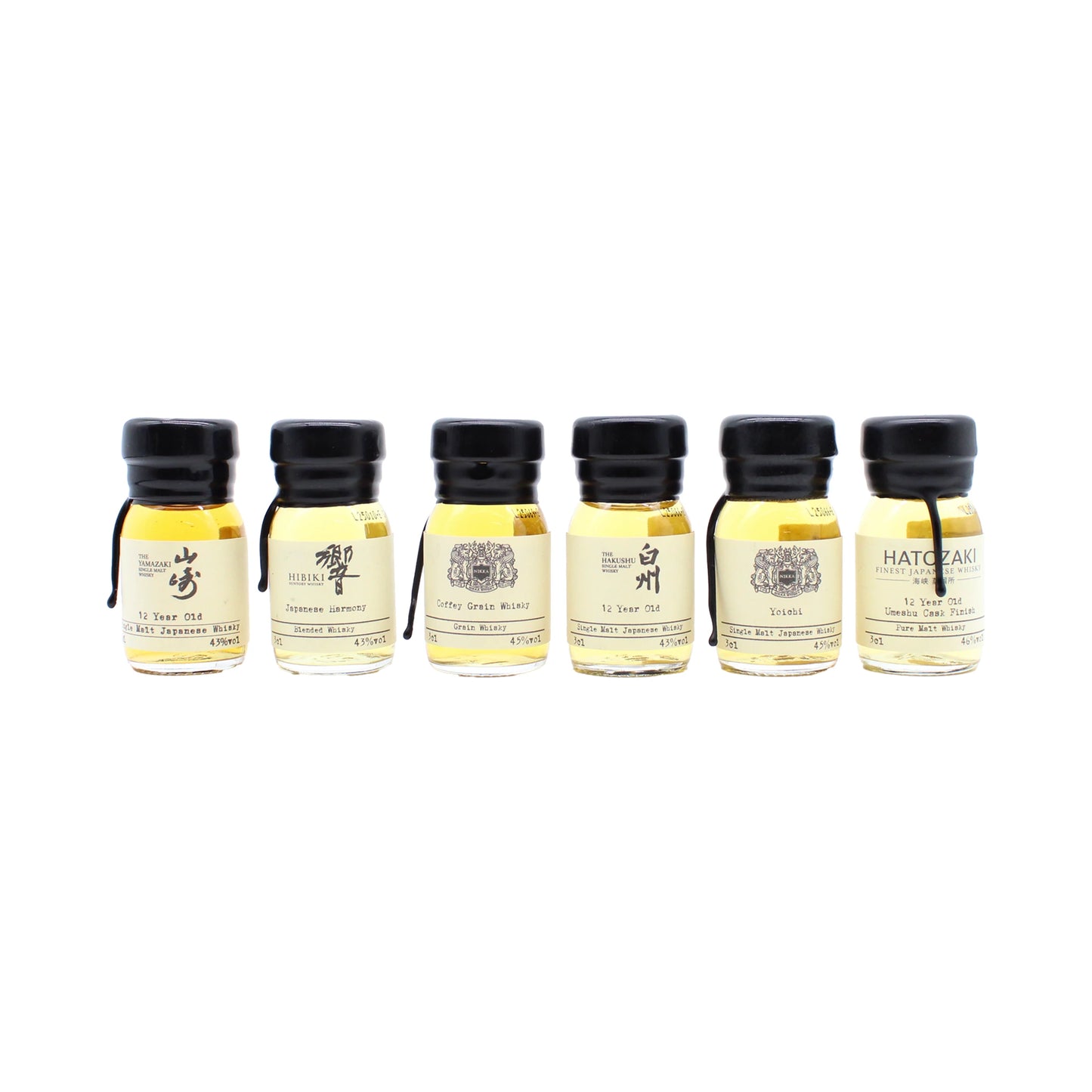 
                  
                    The Japanese Whisky Premium Tasting Set features six small bottles of Japanese whisky with distinct labels and golden hues, including Yamazaki 12 Year Old, all arranged in a row against a white background.
                  
                