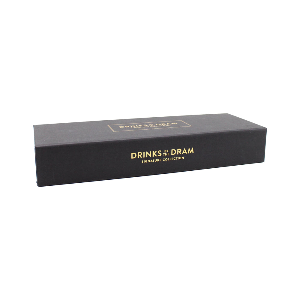 
                  
                    A rectangular black box with gold "DRINKS BY THE DRAM SIGNATURE COLLECTION" text on the lid, shown on a white background, contains The Japanese Whisky Premium Tasting Set—ideal for whisky tasting.
                  
                