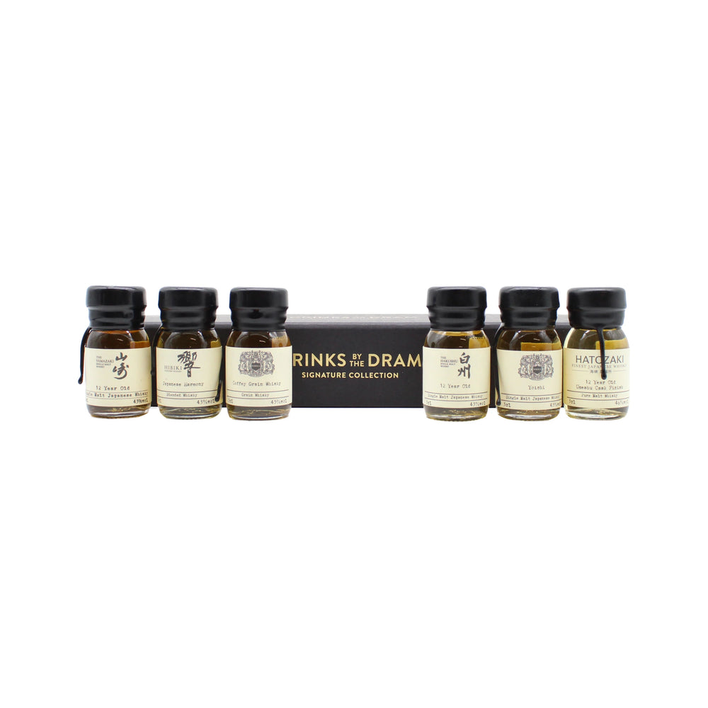 
                  
                    Seven small bottles of Japanese whisky, including Yamazaki 12 Year Old, are lined up before a black and gold Drinks by the Dram box—The Japanese Whisky Premium Tasting Set—ideal for a refined tasting experience.
                  
                