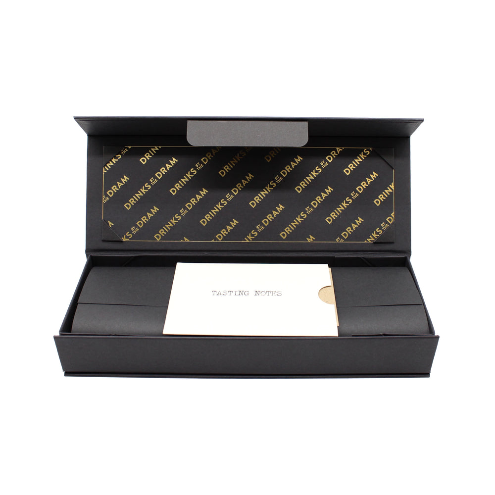 
                  
                    A black rectangular gift box with a gold DRINKS BY THE DRAM interior and a TASTING NOTES card—ideal for presenting The Japanese Whisky Premium Tasting Set.
                  
                