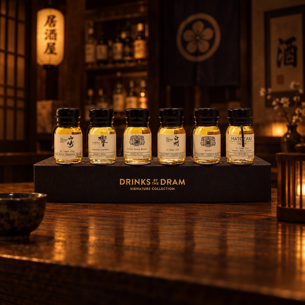 
                  
                    Six small glass whisky bottles are arranged on a black display stand labeled The Japanese Whisky Premium Tasting Set, making it the ideal choice for those eager to sample fine Japanese whiskies like Yamazaki 12 Year Old.
                  
                